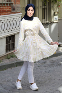 Women's Frill Hem Polka-Dot White Tunic