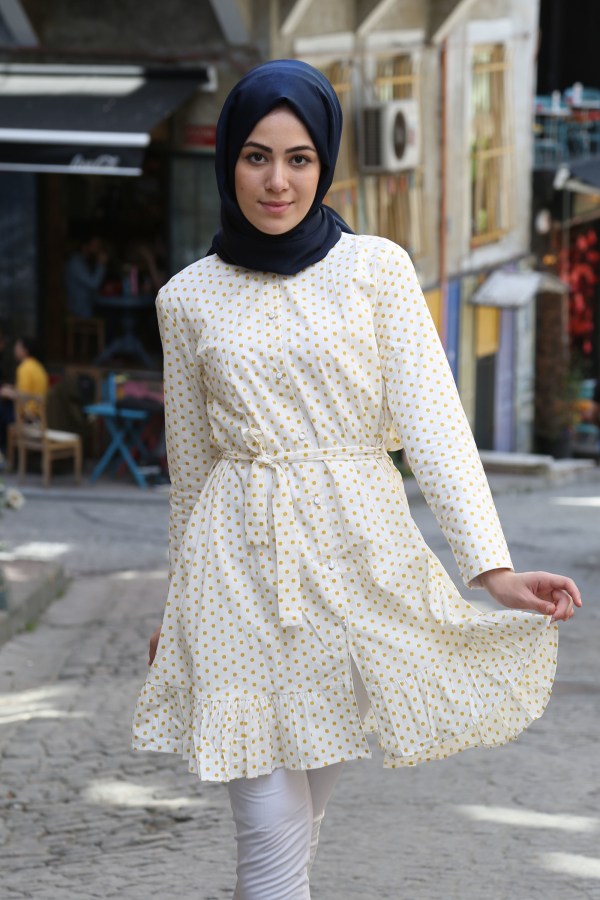 Women's Frill Hem Polka-Dot White Tunic